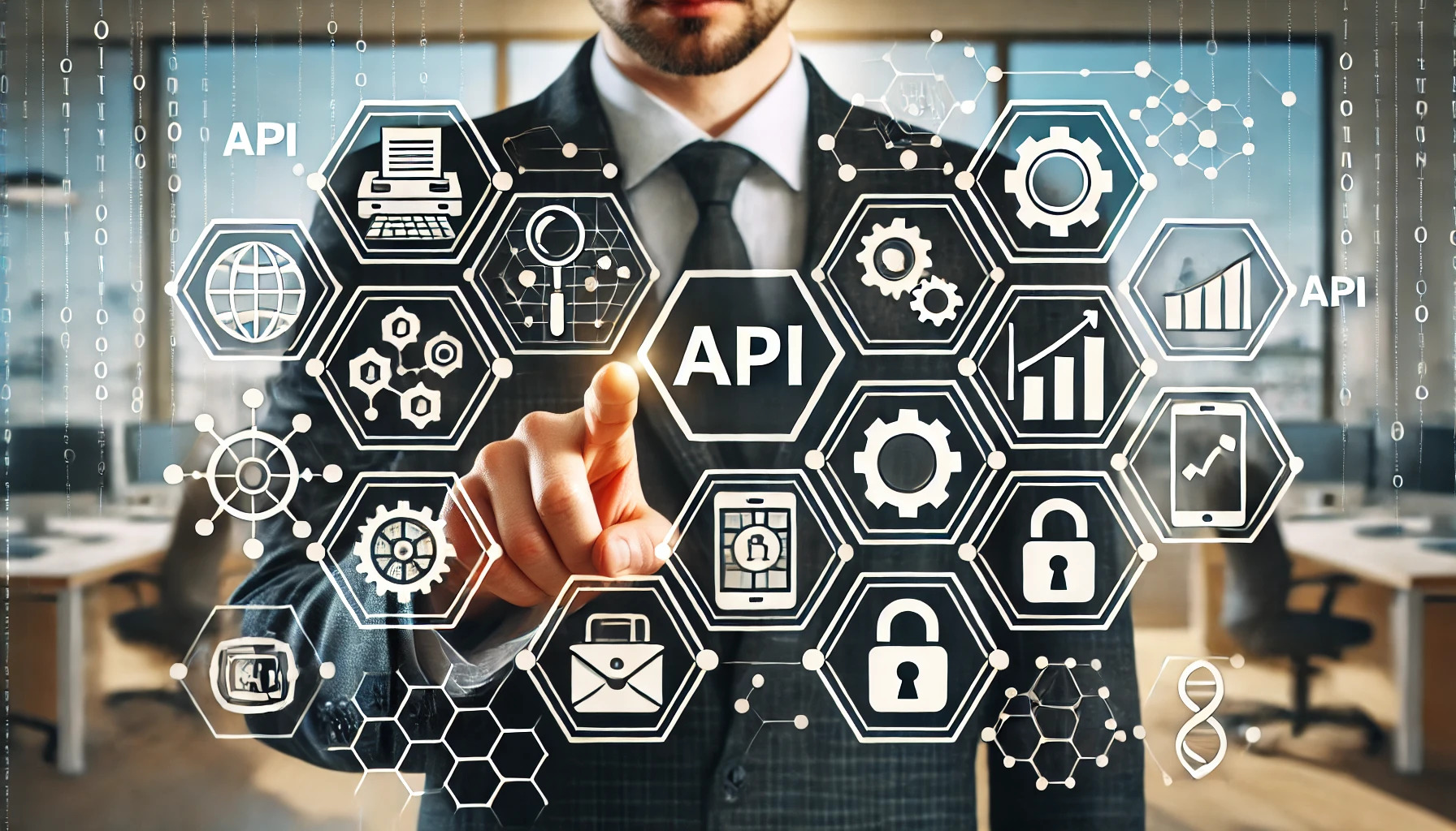 The businessman is interacting with various API-related icons, symbolizing the integration of different technologies.